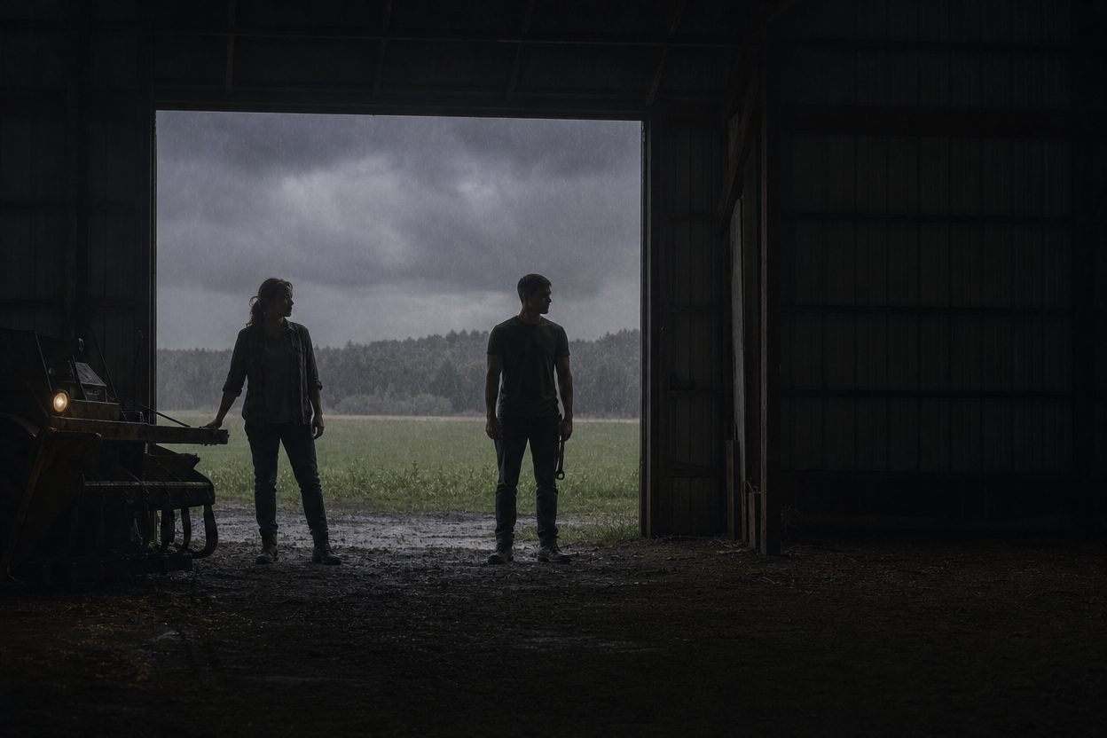 Two figures in silhouette standing apart in an open barn doorway, watching rain come across the field.
