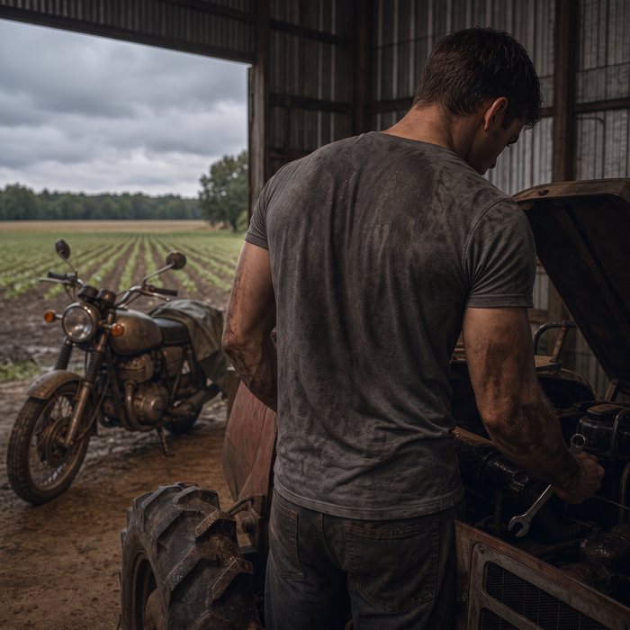 Jake, seen from behind, bent over machinery in an open shed. His motorcycle is parked at the door, the field beyond it gray with rain.