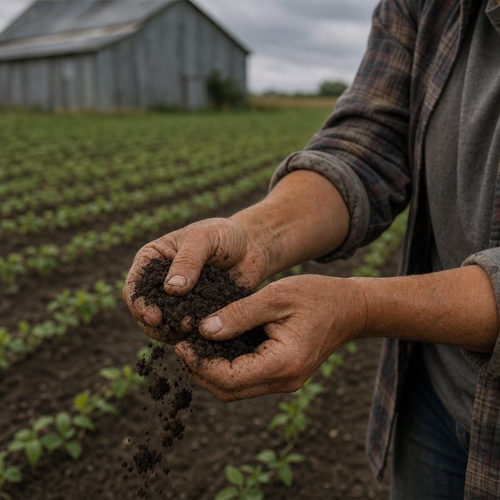 A pair of weathered hands cupping dark, crumbling soil above a young soybean field.