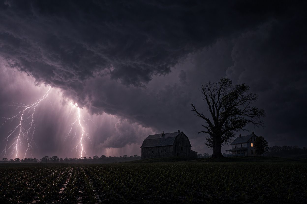 A storm front moving over farmland at dusk. Lightning to the west, a big lopsided oak in silhouette, a barn with a gambrel roof, and one lit window in the farmhouse beside it.