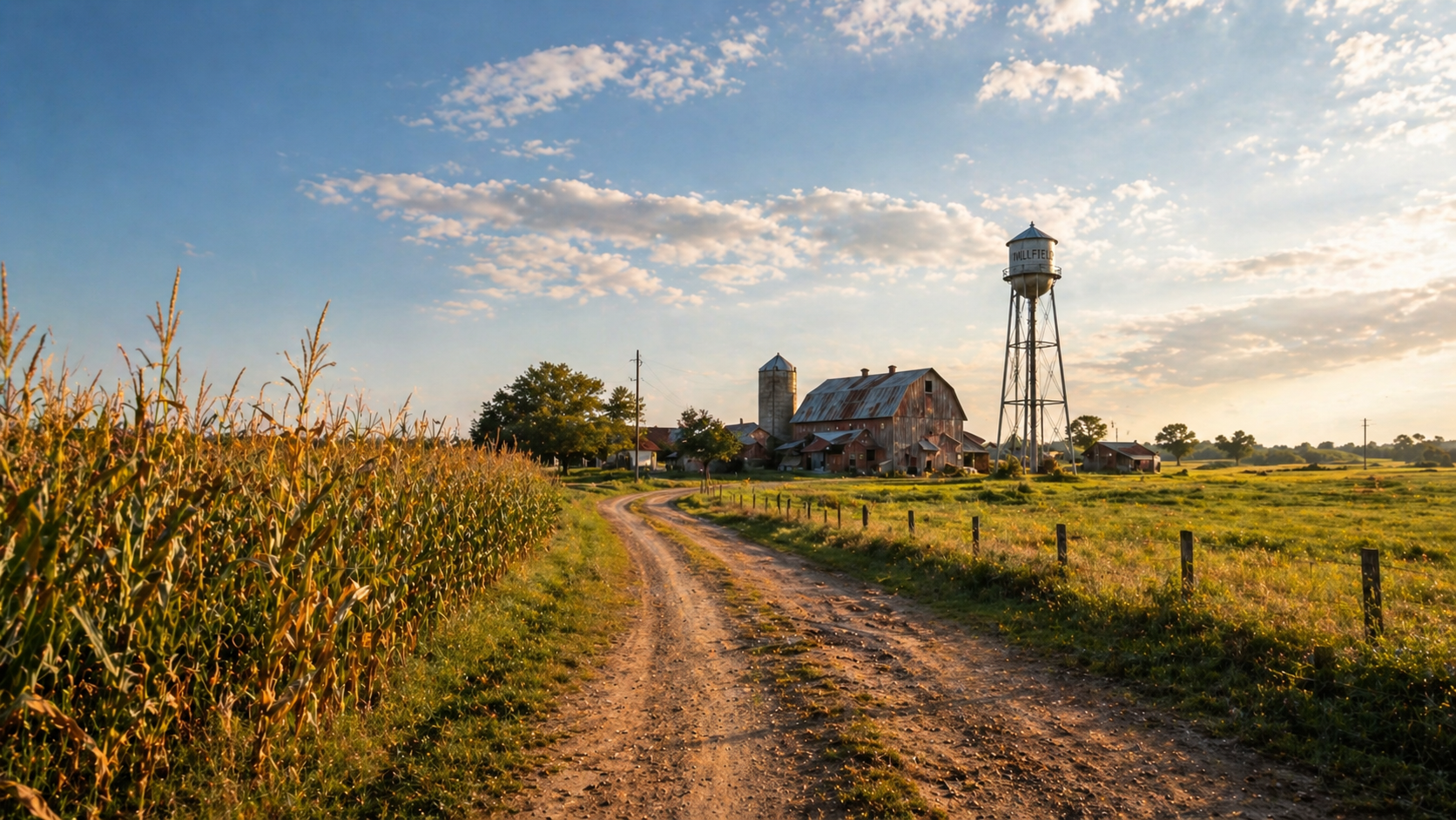 County Road 18 heading into Millfield at dusk — corn fields, red barn, grain silo, and the old Millfield water tower