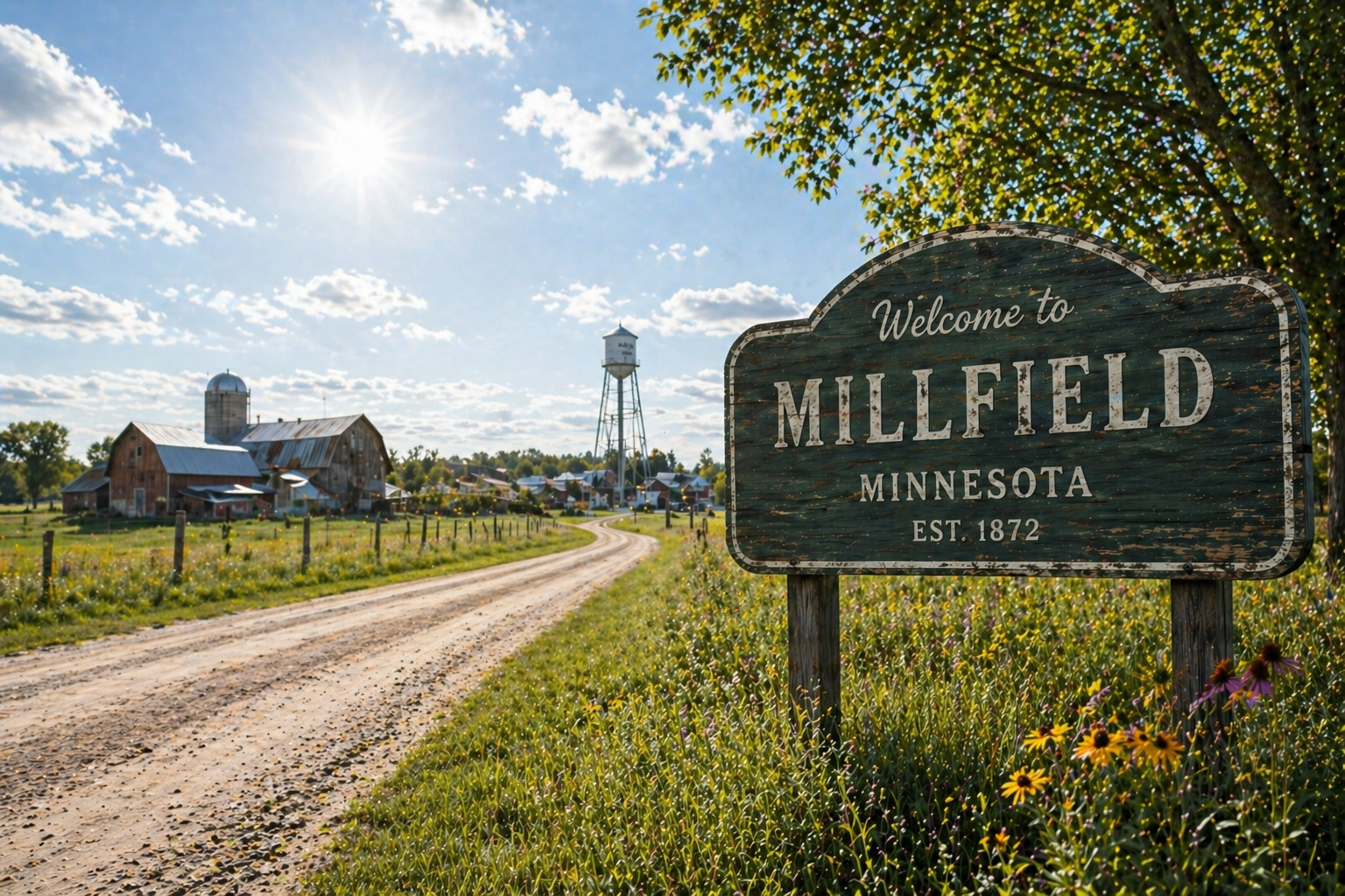 Welcome to Millfield, Minnesota road sign