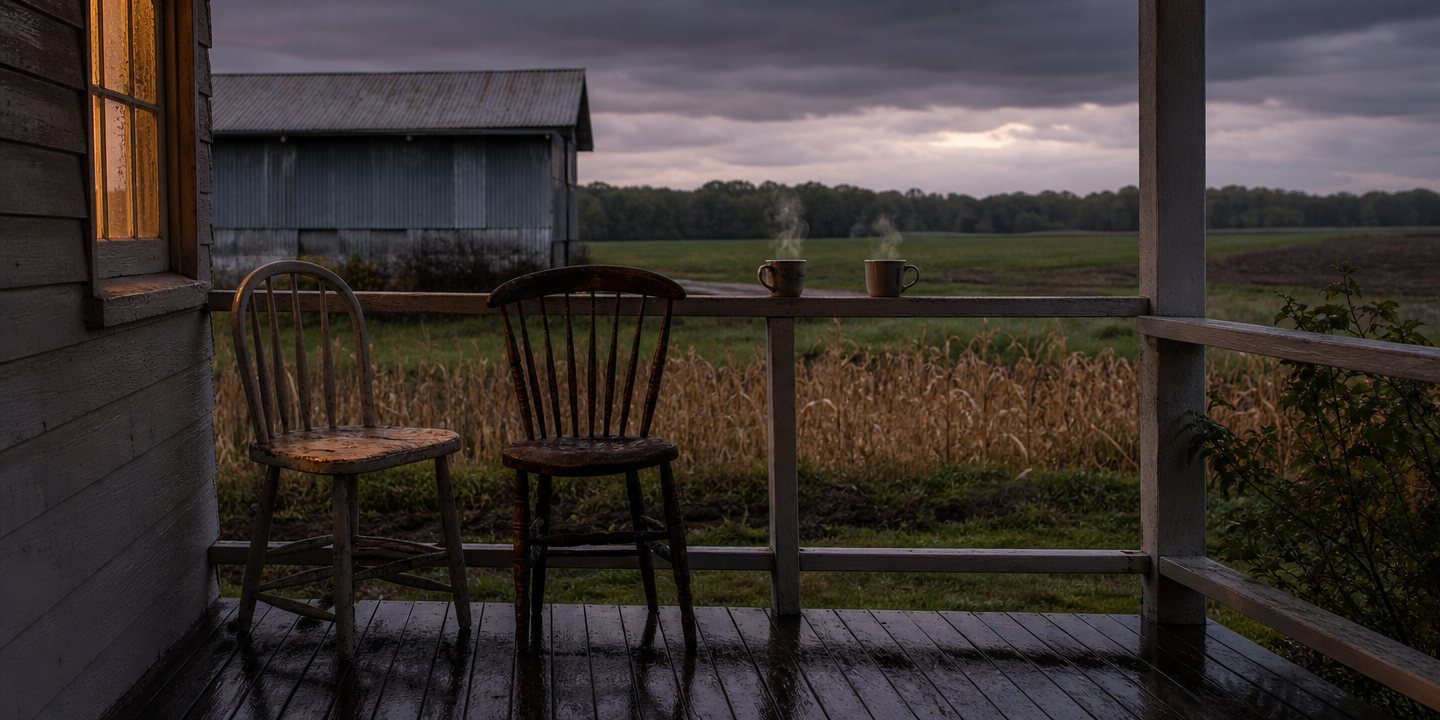 Two chairs and two steaming mugs on a wet farmhouse porch at dusk. A steel barn stands beyond it, storm cloud over the field, and one lit window behind.