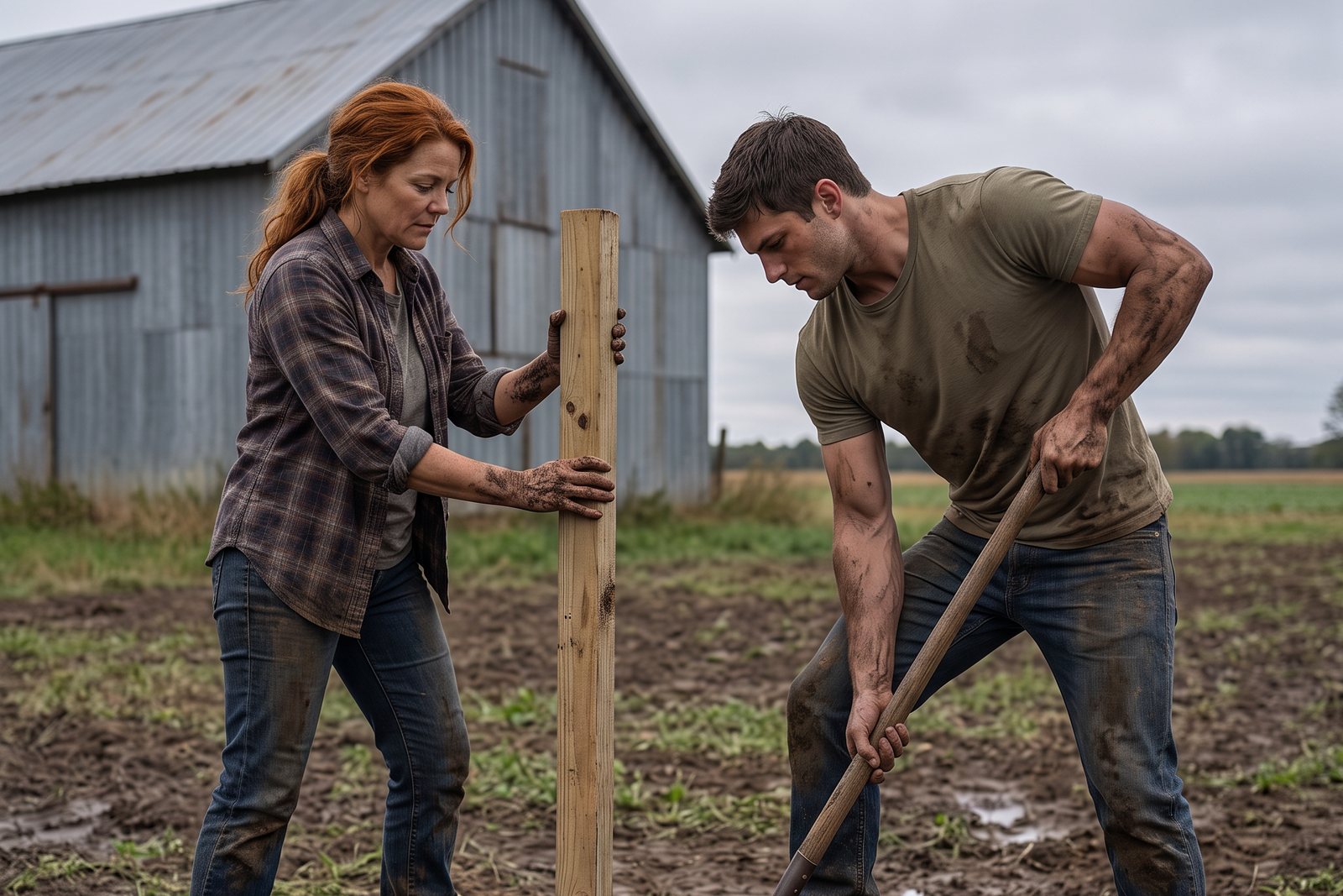Elena holds a fence post upright while Jake digs beside her. Both are muddy to the elbow. A steel machine shed stands behind them under a flat gray sky.